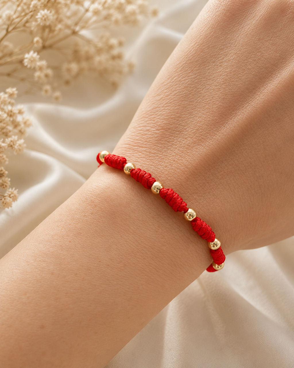Red String Bracelet with Gold Beads