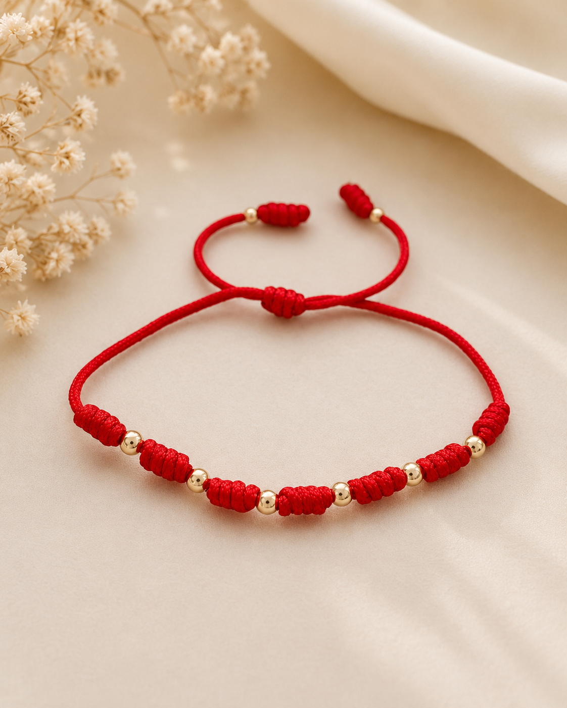Red String Bracelet with Gold Beads